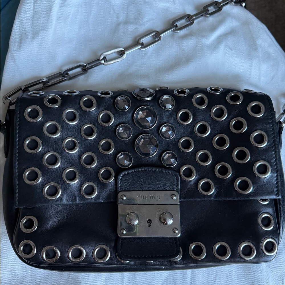 Miu Miu Black and Silver Eyelet Shoulder Bag